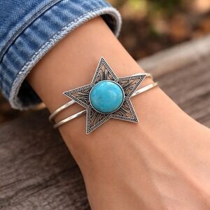 Chuns Silver Tone Turquoise Star Filigree Cuff Bracelet Celestial Western Boho